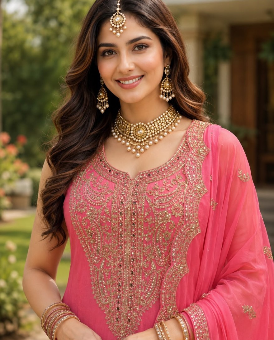 2171 - Beads Diamond Embroidered and Sequins Work Silk Palazzo Salwar Suit In Pink Colour